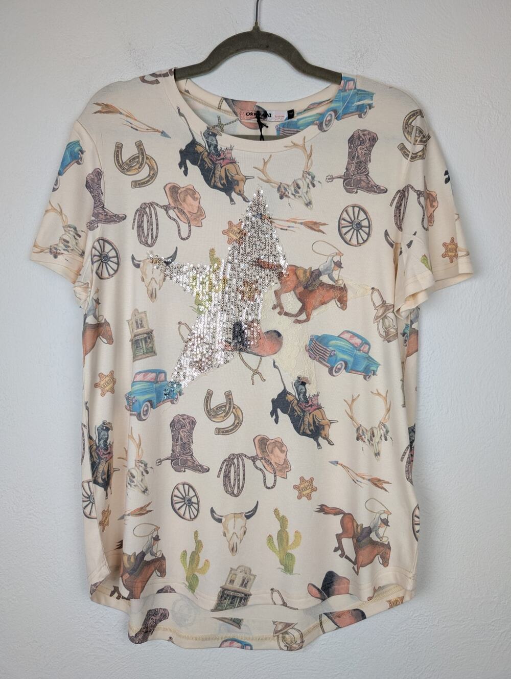 Origami by Vivien Top Graphic Tee Rodeo Western Cowgirl Sequins Cream Size M